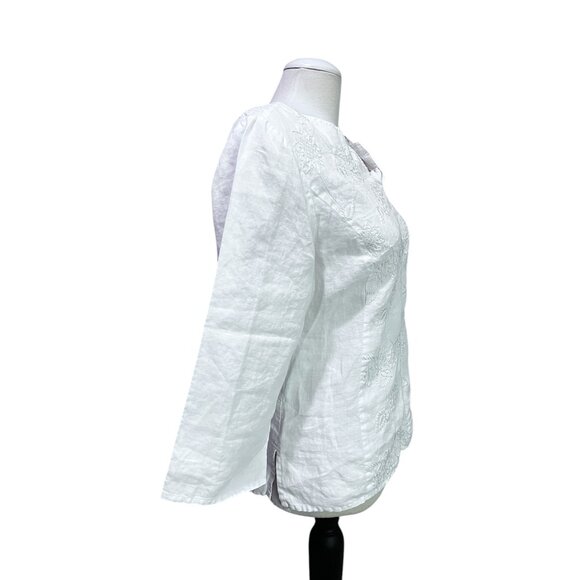 Saint Tropez Floral Embroidered Linen Long Sleeve Blouse Sz Large White 100% Lin - Picture 9 of 9